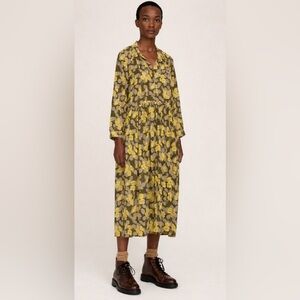 Toast UK Green Yellow Poppies Floral Print Midi Dress Uk 6 US 2 XS Boho Peasant